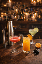 Luxe cocktailset in stijlvolle setting met vers bereide cocktails voor een sfeervolle cocktailavond thuis.