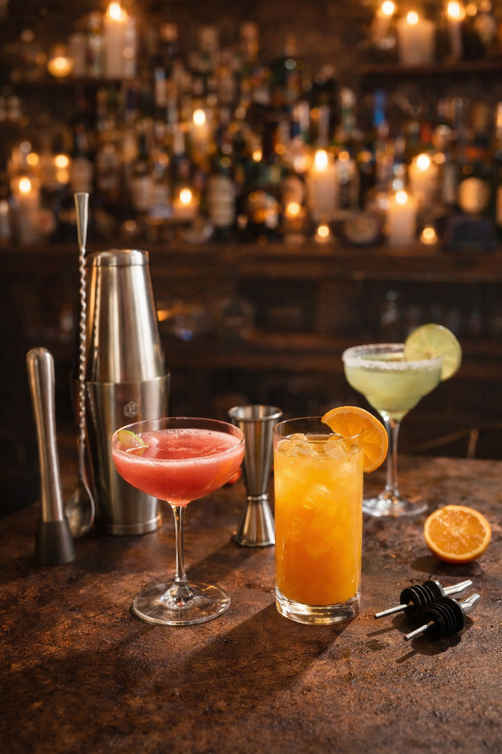 Luxe cocktailset in stijlvolle setting met vers bereide cocktails voor een sfeervolle cocktailavond thuis.