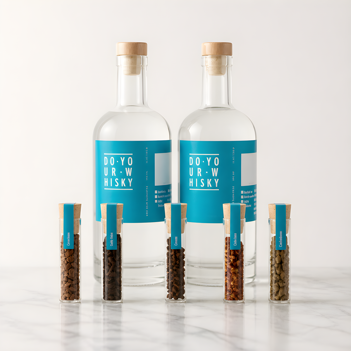 Maak je eigen whisky complete set. Inclusief 2 flessen, whiskystenen, filter & botanicals.