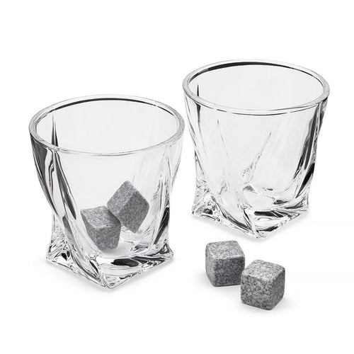 Gedraaide whiskyglazen met herbruikbare ijsstenen voor een stijlvolle whiskybeleving thuis.