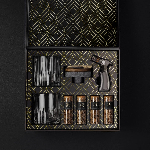 complete whisky rookset van ROCKS met glazen torch en houtsnippers