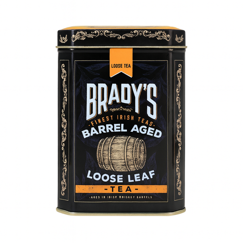 Brady’s Barrel-Aged Whiskey Tea in luxe gegraveerd blik – losse thee gerijpt in Ierse whiskeyvaten