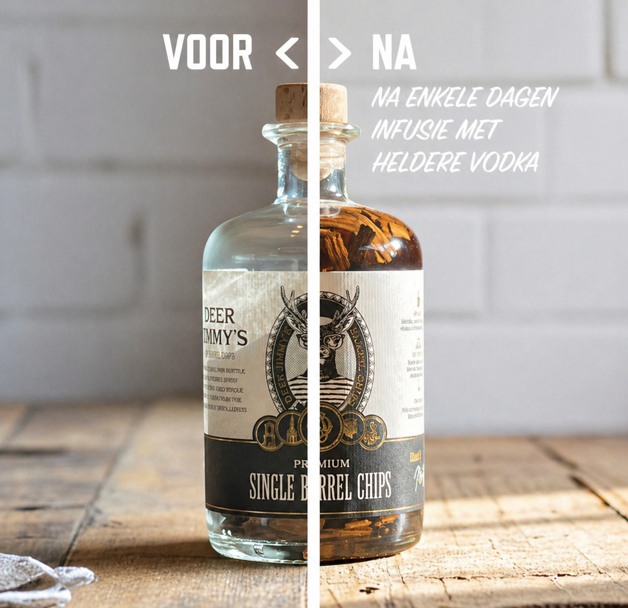 Voor en Na de infusie. CJe begint met iets simpels.
En eindigt met rijke, houtgerijpte tonen.

Binnen een paar dagen…
een compleet andere beleving in je glas.