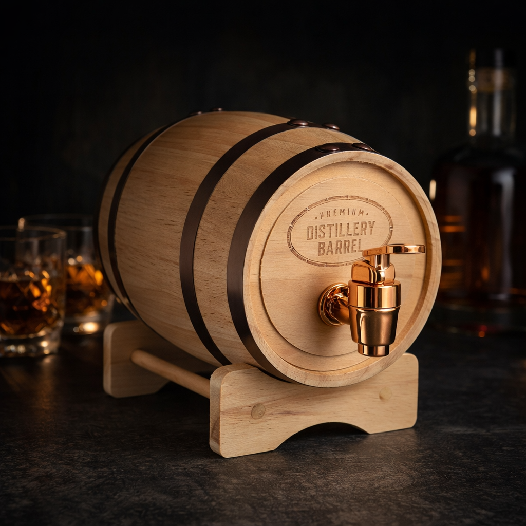 Houten whiskyvat met tap van 800 ml voor thuisgebruik en bijzondere proostmomenten.